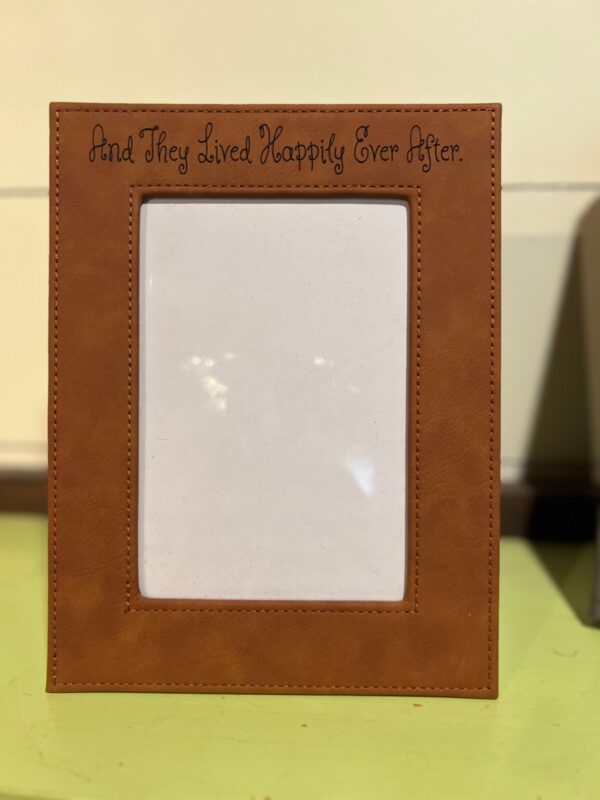 Product image and link for  Ready to Ship Engraved Leatherette 4×6 Picture Frame (And they lived happily ever after)